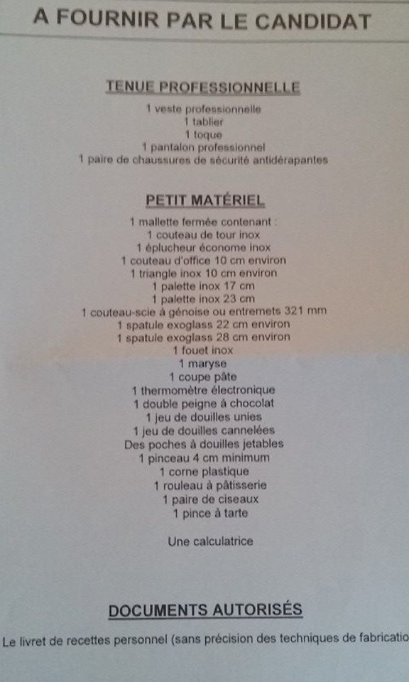 liste materiel cap patissier